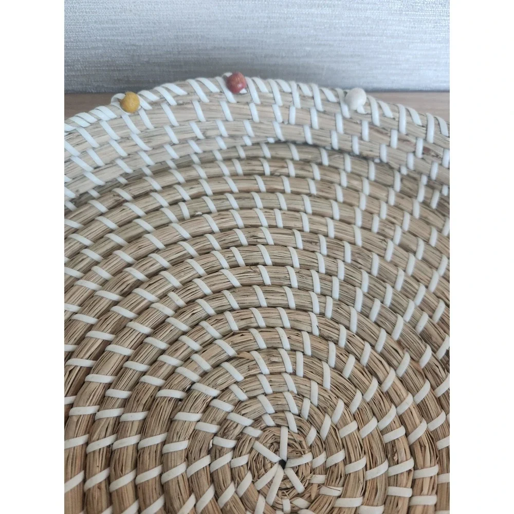 Vintage Hand Woven Round Coil Serving Tray Beaded Edge Basket Made‎ In Vietnam